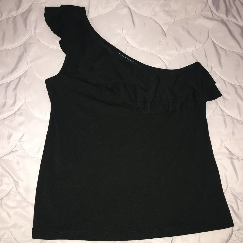 Black One Sleeve Ruffled Tank Top